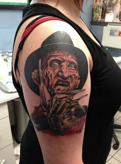Awesome Freddy Krueger Color Ink Tattoo On Right Shoulder For Girls.