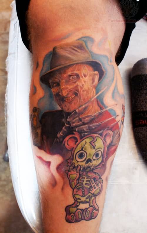 Awesome Freddy Krueger Portrait With Teddy Bear Tattoo