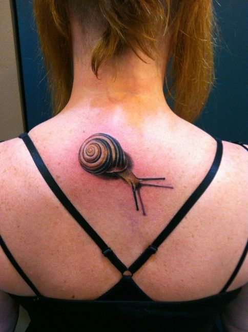 Awesome Grey 3D Snail Tattoo On Upper Back