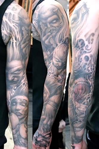 Awesome Grey Ink Evils Tattoo On Full Sleeve