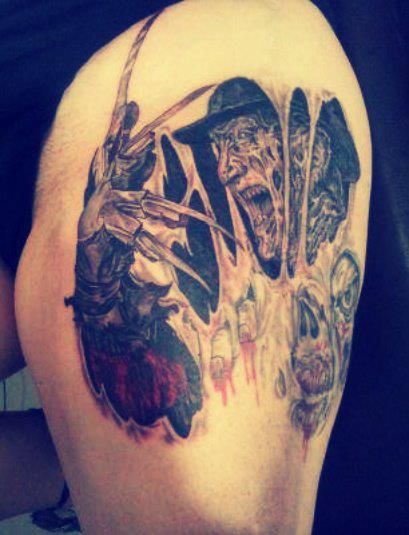 Awesome Grey Ink Freddy Krueger Ripped Skin Tattoo