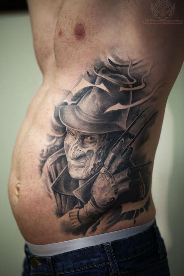 Awesome Grey Ink Freddy Krueger Tattoo On Side Rib