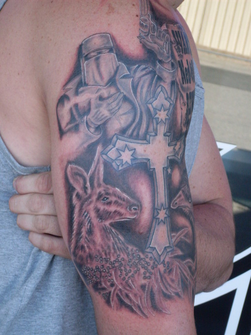 Awesome Grey Ink Kangaroo With Cross Tattoo On Right Half Sleeve