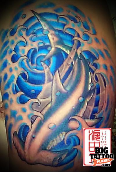 Awesome Hammerhead Shark In Water Blue Waves Tattoo