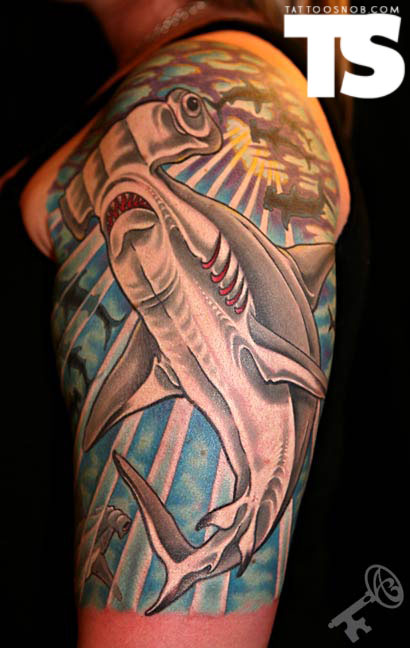 Awesome Hammerhead Shark Under Water View Tattoo On Left Shoulder By Durb Morrison