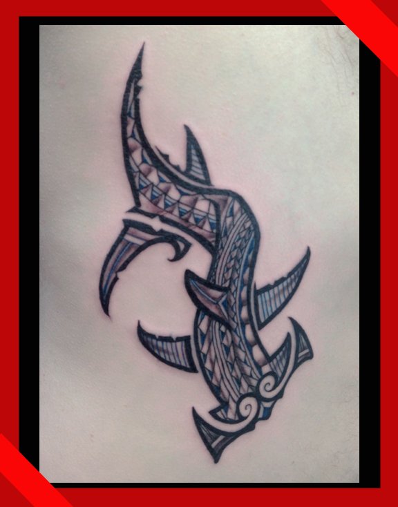 Awesome Polynesian Tribal Hammerhead Shark Colored Tattoo Stencil