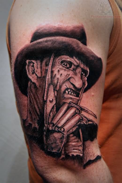 Awesome Scary Grey Freddy Krueger Tattoo On Half Sleeve