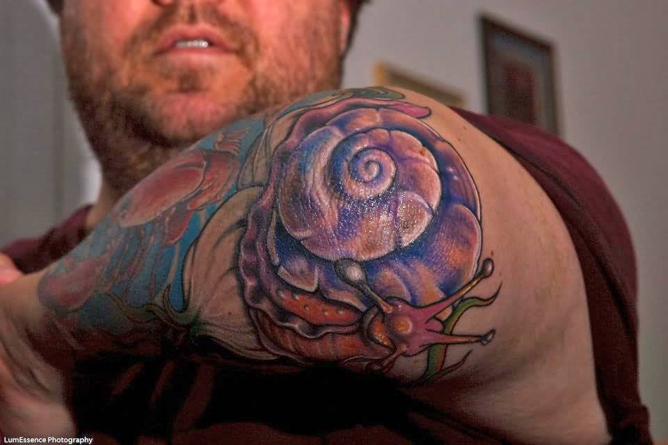 Awesome Snail With Purple Shell Tattoo On Arm Sleeve