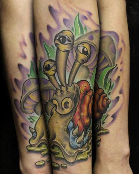 Awesome Three Eyed Snail Colorful Tattoo On Arm Sleeve