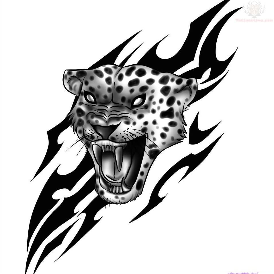 Awesome Tribal Design And Jaguar Head Tattoo Stencil