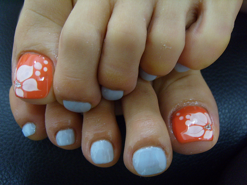 Baby Blue And Orange Toe Nail Design Idea