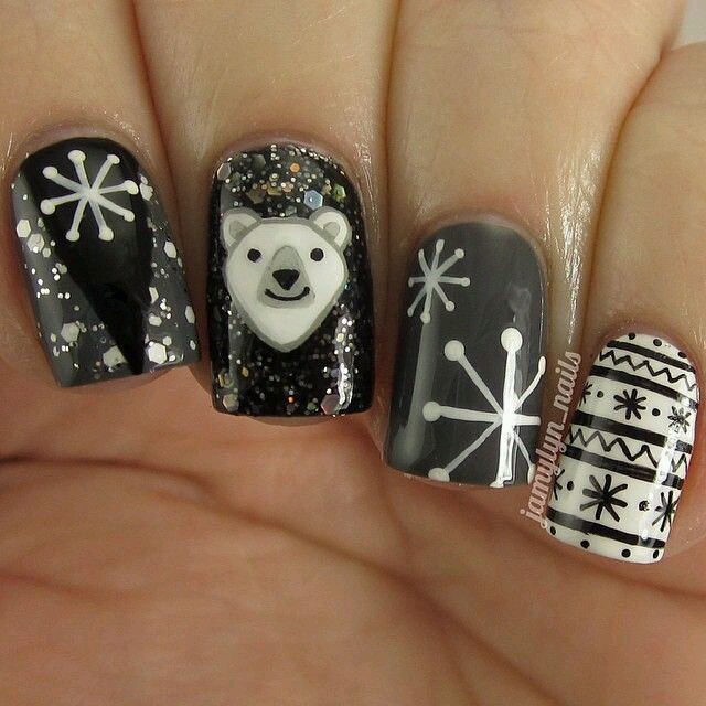 Bear Face And Snowflakes Design Winter Nail Art