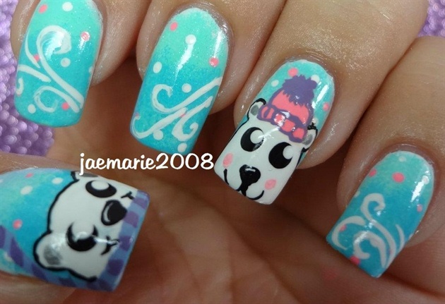 Bear With Hat Blue Winter Nail Art