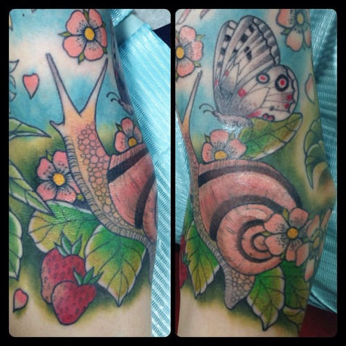 Beautiful 3D Snail With Butterfly And Flowers Tattoo