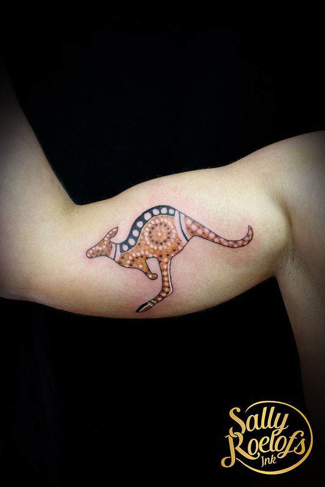Beautiful Aboriginal Style Kangaroo Tattoo On Right Bicep