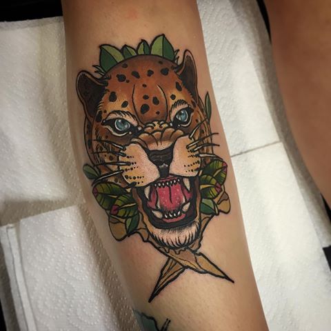 Beautiful Angry Traditional Jaguar Head Tattoo By Jayshawtattoos
