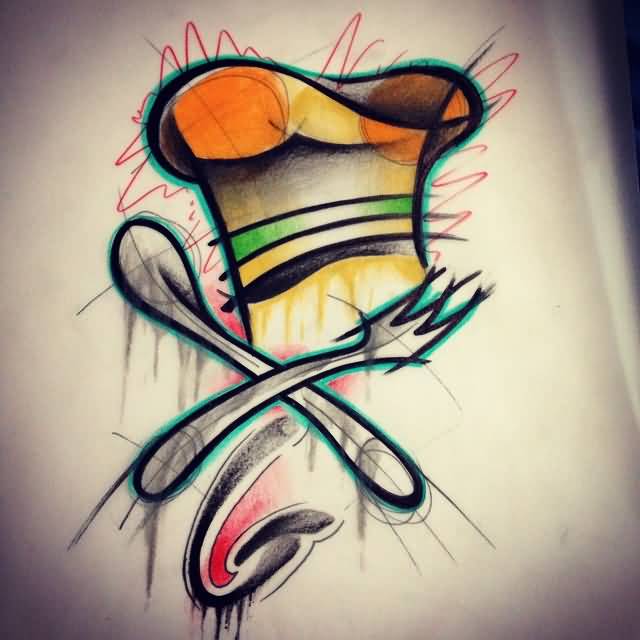 Beautiful Chef Hat With Crossed Knife And Spoon Watercolor Tattoo Design