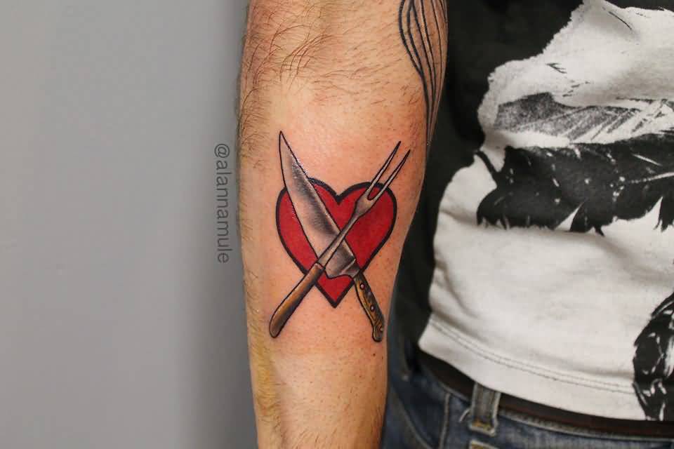 Beautiful Crossed Knife And Fork With Red Heart In Background Tattoo On Arm Sleeve