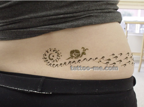Beautiful Cute Snail With Henna Design Tattoo On Lower Back