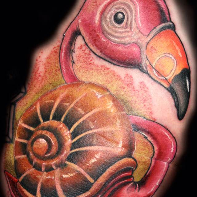 Beautiful Flamingo With Snail Tattoo