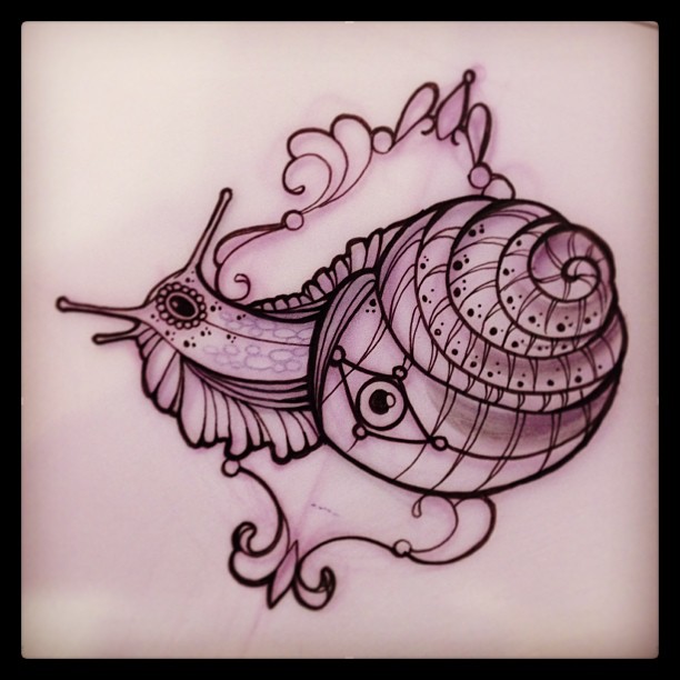 Beautiful Grey Ink Snail Having Eye On Shell Tattoo Design