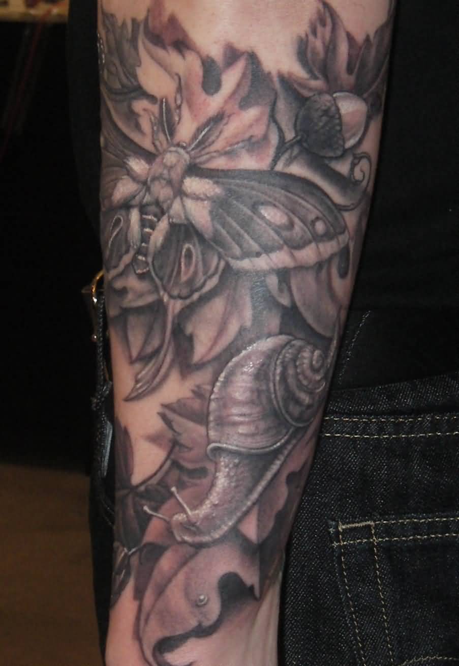 Beautiful Realistic Colored Snail With Butterfly And Leaves Tattoo On Arm Sleeve