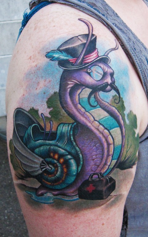 Beautiful Snail Wearing Monocle And Hat Tattoo On Right Shoulder