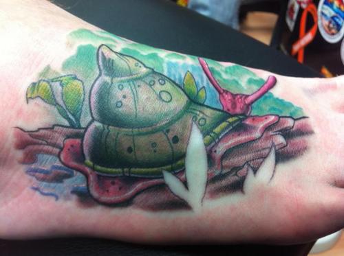 Beautiful Snail With Leaves And Water Colorful Tattoo On Foot