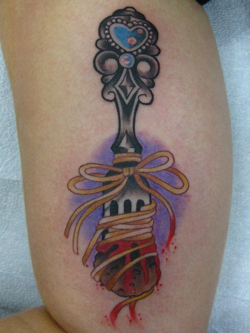 Beautiful Vintage Fork With Noodles Tattoo Design