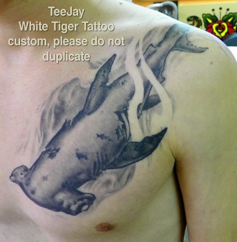 Best Grey Ink Hammerhead Shark Tattoo On Chest