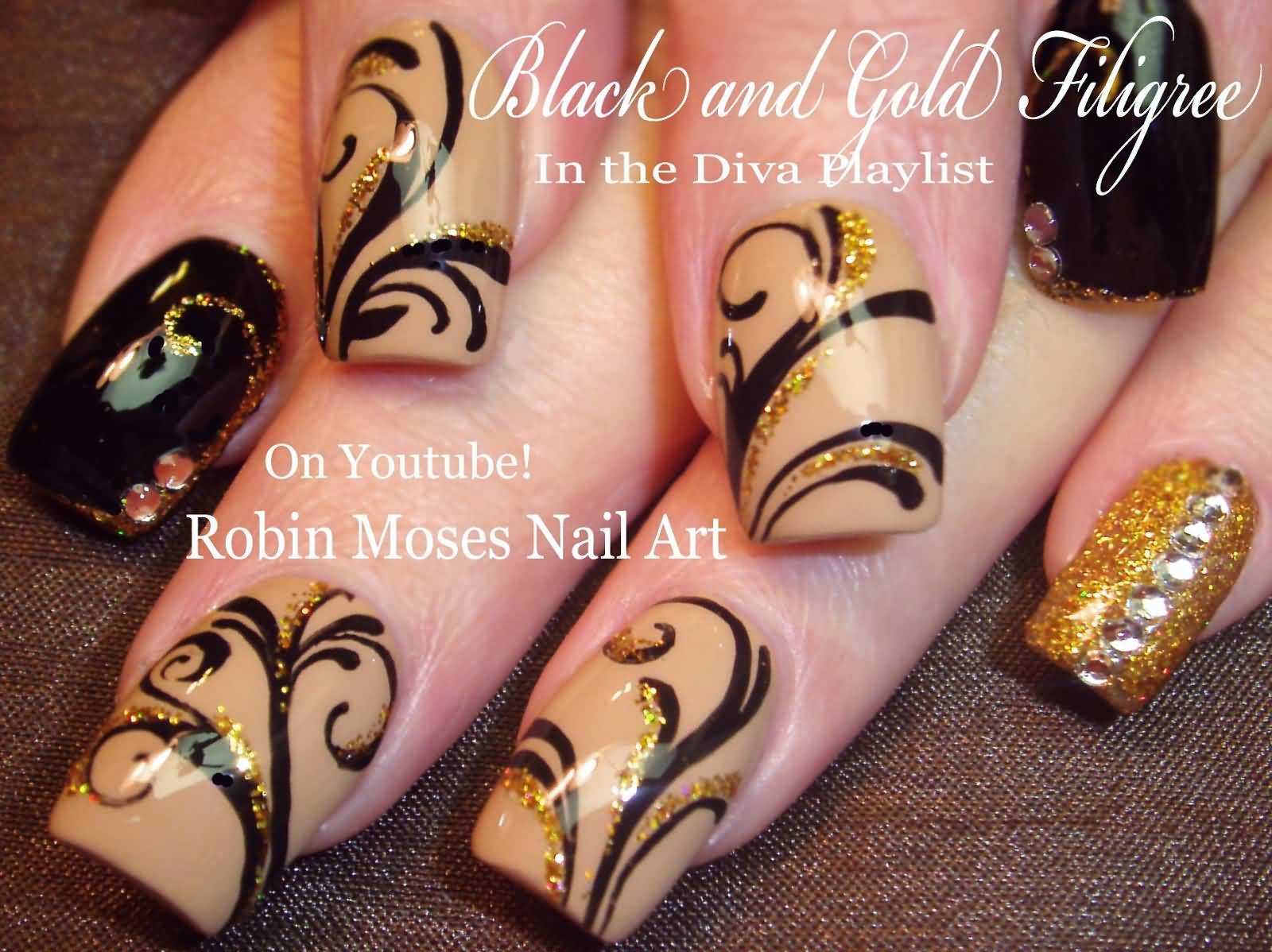 Black And Gold Filigree Winter Nail Art