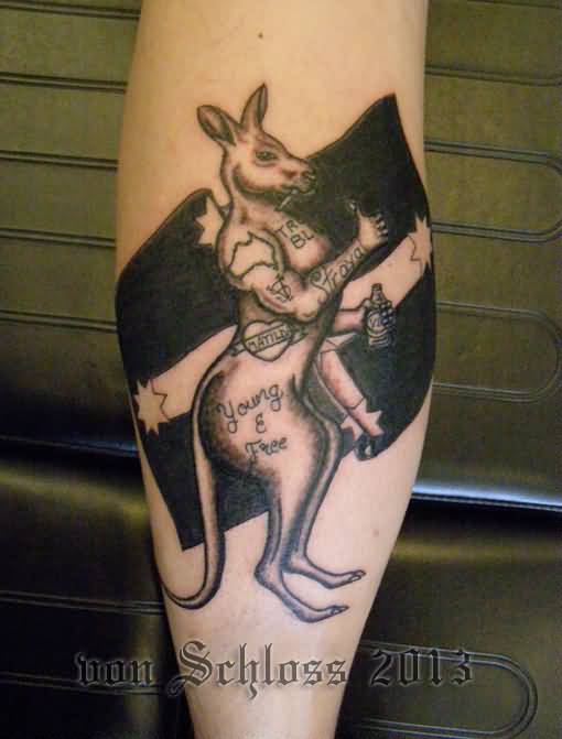 Black And Grey Boxer Kangaroo With Australian Flag Tattoo