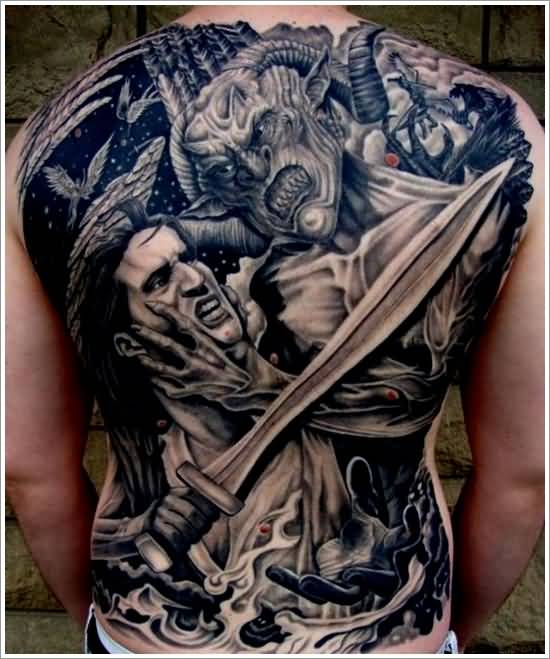 Black And Grey Evil Fighting Tattoo On Full Back