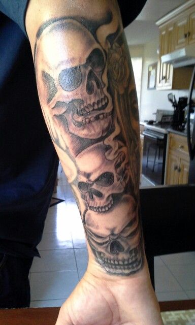 Black And Grey Evil Skulls Tattoo On Forearm