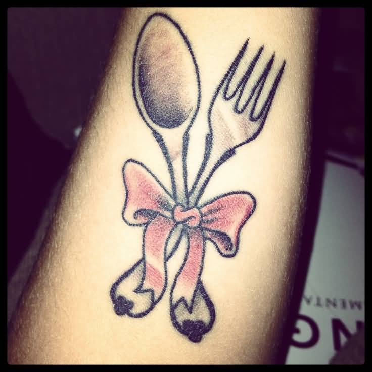 Black And Grey Fork And Spoon Tied With Bow Tattoo
