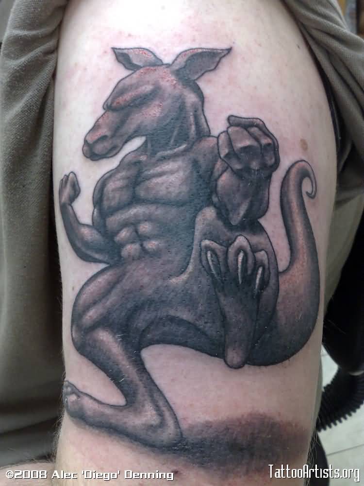 Black And Grey Ink Dancing Kangaroo Tattoo On Left Half Sleeve