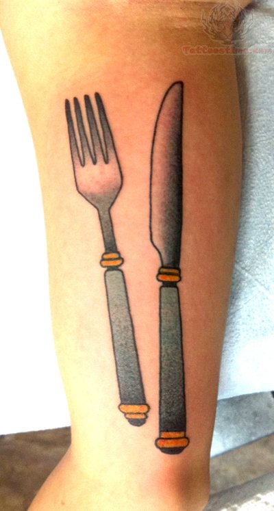 Black And Grey Knife And Fork Tattoo Design On Bicep