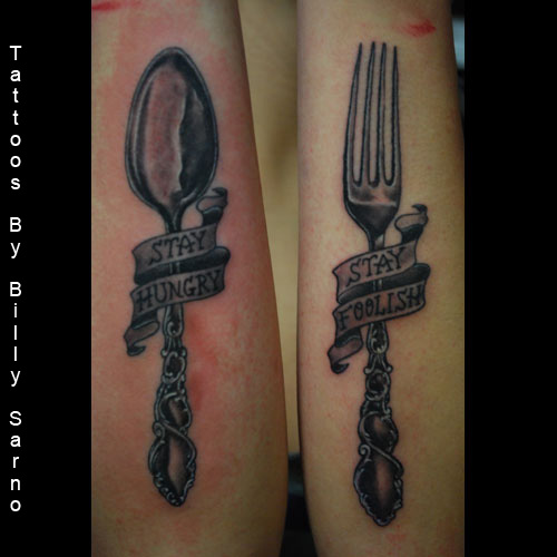 Black And Grey Vintage  Fork And Spoon With Banner Tattoo By MechanicalConceptTat