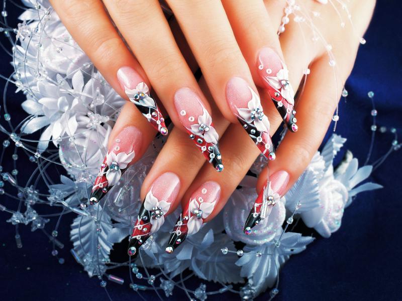 Black And Red Nails With 3D White Flowers Nail Art