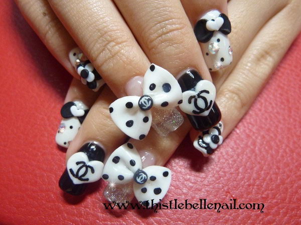 Black And White 3D Bow Nail Art