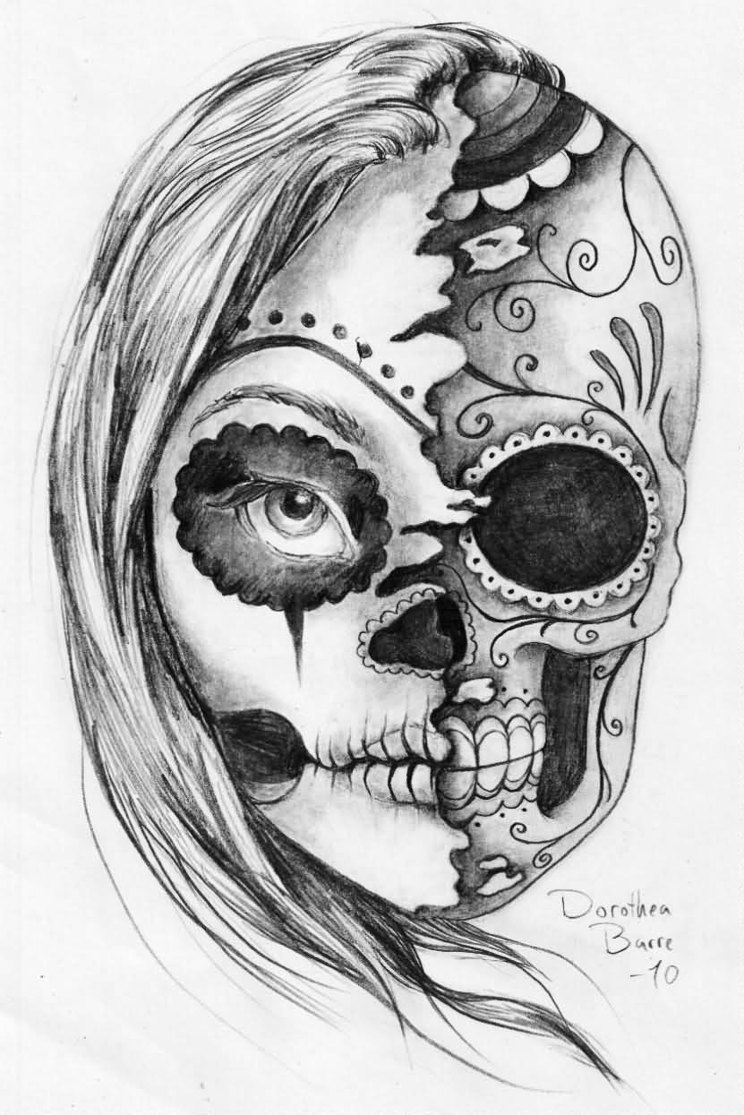 Black And White Half Lady Half Sugar Skull Head Evil Tattoo Design