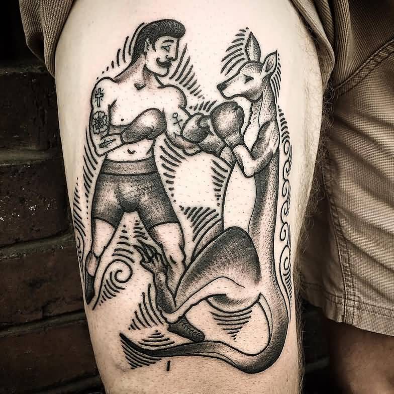 Black And White Kangaroo Boxing With Men Traditional Tattoo On Thigh