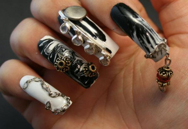 Black And White Nails With 3d Jewellery Nail Art