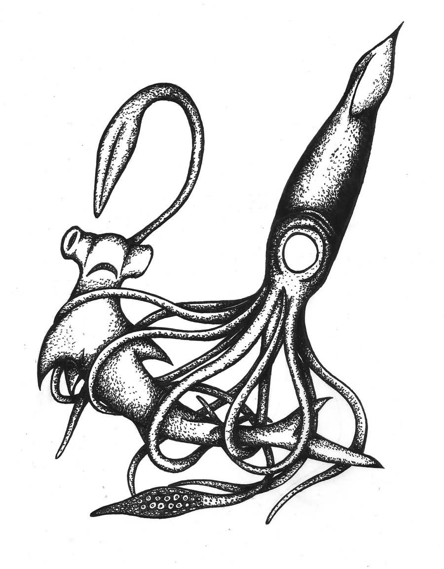 Black And White Nice Squid Caught Hammerhead Shark Tattoo Design