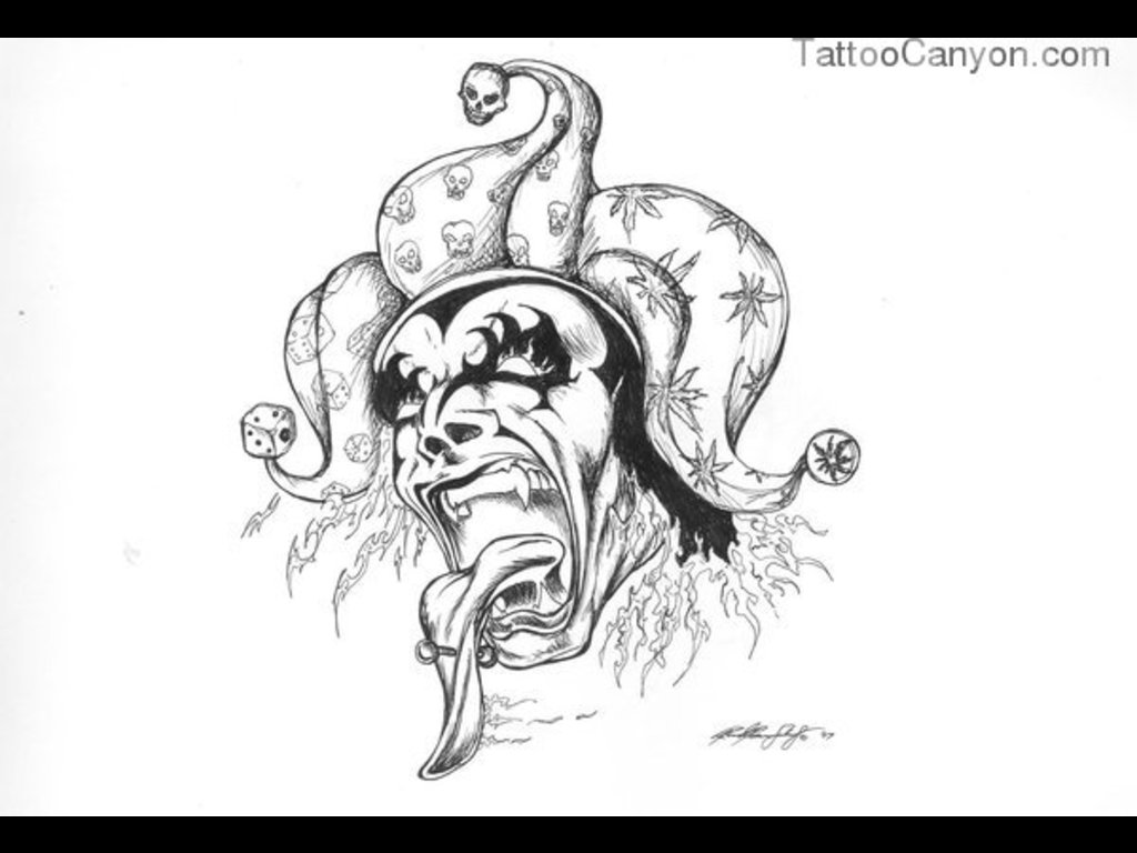 Black And White Scary Jester Head Tattoo Design