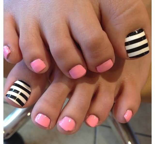 Black And White Stripes And Pink Toe Nail Art