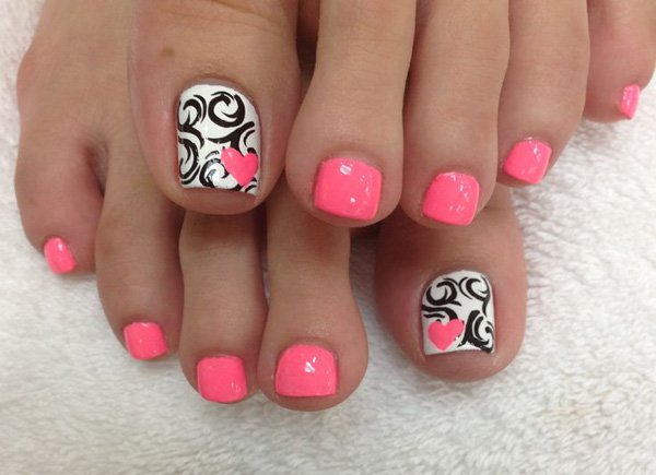 Black Design And Pink Nails Toe Nail Art