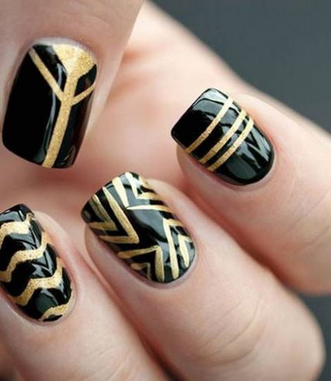 Black Glossy Nails With Gold Design Winter Nail Art