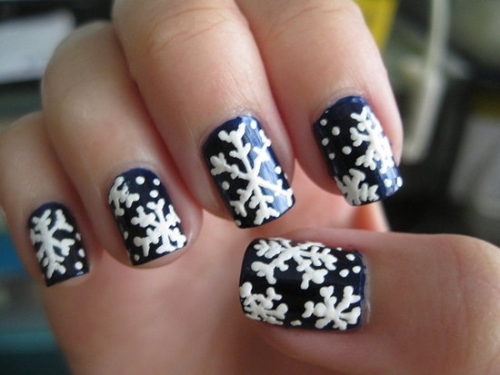Black Glossy Nails With White Acrylic Snowflakes Design Winter Nail Art