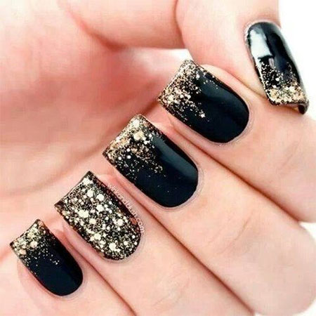 Black Nails With Gold Glitter Winter Nail Art